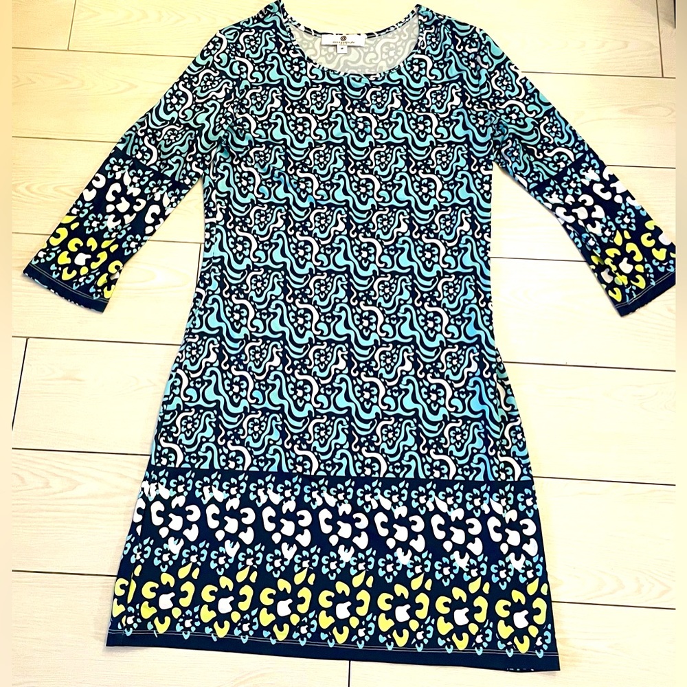 jean-pierre klifa paris blue and white dress w/yellow design on bottom‎ size M